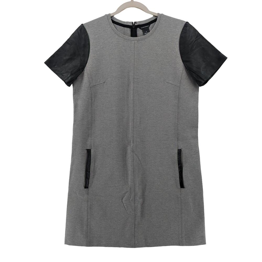 Club Monaco Shift Dress 4 Straight Leather‎ Accent Crew Neck Short Sleeve Zip Up